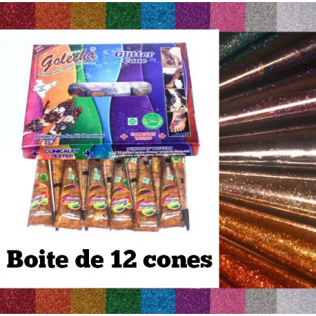 Boîte de 12 cônes de paillettes pour Henné