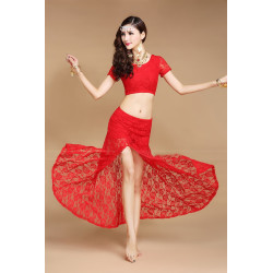 Costume de danse orientale en dentelle 2 pièces rouge