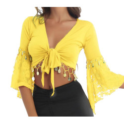 Haut de danse orientale à sequins jaune et dentelle