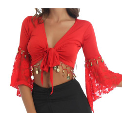 Haut de danse orientale à sequins rouge et dentelle