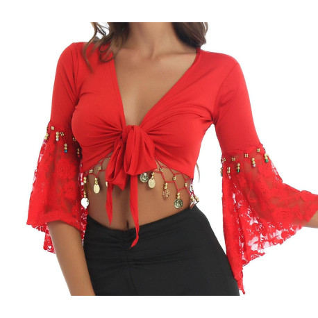 Haut de danse orientale à sequins rouge et dentelle