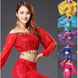 Top de danse court à paillettes et manches longues