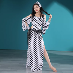 Robe Baladi de danse orientale blanche à pois noirs