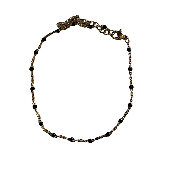 Chaîne de cheville argentée petites boules noires