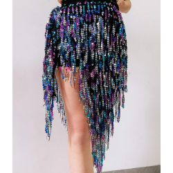 Foulard de danse orientale noir et franges brillantes bleutées