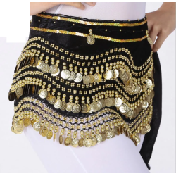 Ceinture de danse orientale à sequins dorés noire double liseret