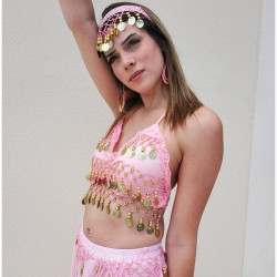 Top de danse orientale à sequins dorés rose clair