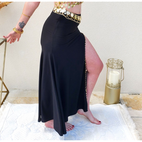 Jupe Longue Fendue Pour Danse Du Ventre - Soie Laitière, Taille élastique, Avec Collants Intégrés Strass - Noir