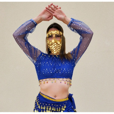 Brassière de danse orientale brillante à manches longues bleu roy