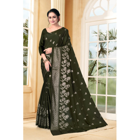 Sari indien noir avec imprimés floraux or