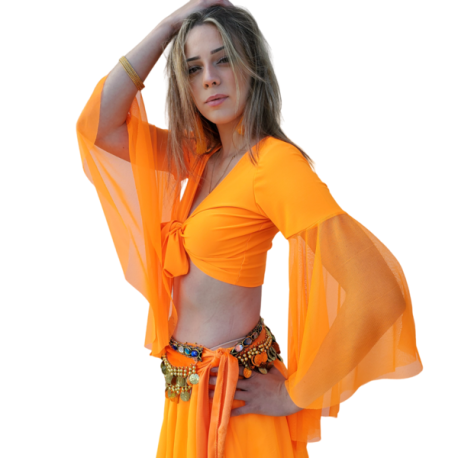 Top de Danse Orientale Orange Bi-Matière avec Manches Voilées en Résille