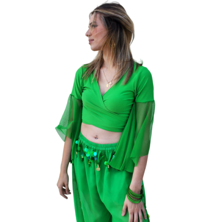Top de danse orientale bi matière lycra et manches voilées vert foncé