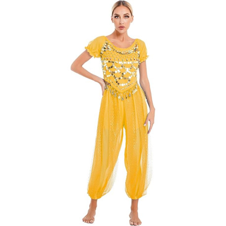Tenue de danse brassière + sarouel jaune paillettes