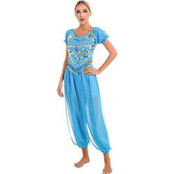 Costume de danse orientale top pantalon paillettes turquoise