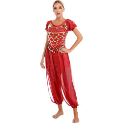 Costume de danse orientale brassière et pantalon paillettes rouge et or