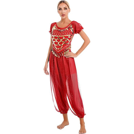 Costume de danse orientale brassière et pantalon paillettes rouge et or