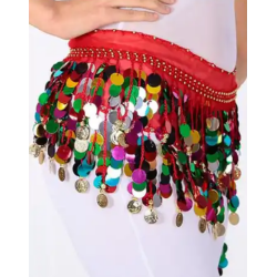 Ceinture de danse orientale rouge et pastilles multicolores