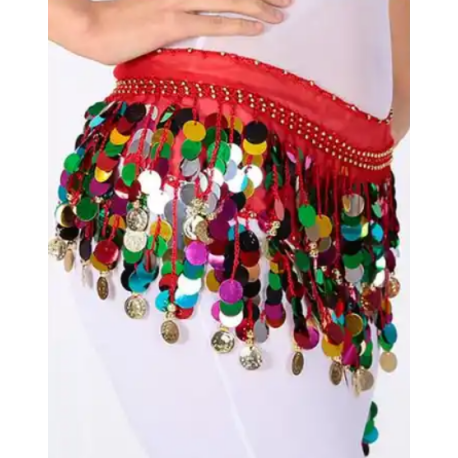 Ceinture de danse orientale rouge et pastilles multicolores