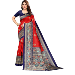 Sari indien bleu nuit rouge et généreuses dorures