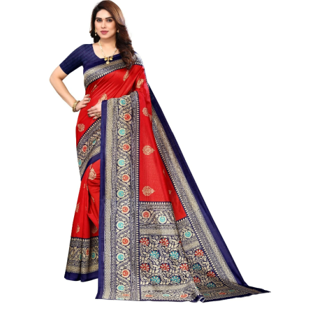 Sari indien bleu nuit rouge et généreuses dorures