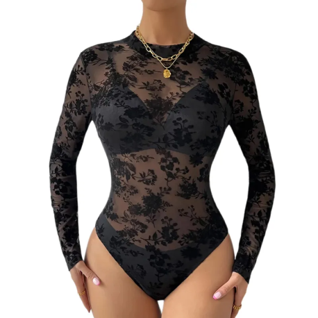 Body fleuri noir manches longues