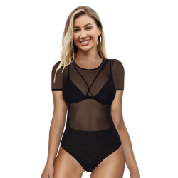 Body femme fine résille manches courtes Noir