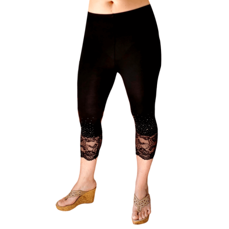 Legging court femme strass et Dentelle Noir