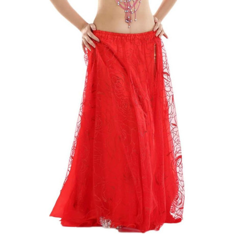 Jupe satin ouverte de danse orientale et tulle rouge