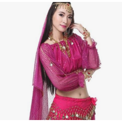 Top de danse orientale fuchsia à paillettes – Manches longues et finition dorée