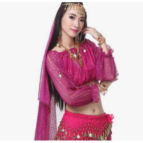 Top de danse orientale fuchsia à paillettes – Manches longues et finition dorée