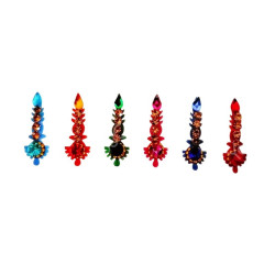 Lot de 6 bindis autocollants multicolores en forme élancée avec strass – bijoux de front traditionnels indiens – fond blanc