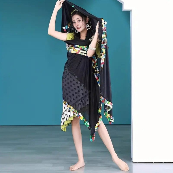 Melaya danse orientale noire à pastilles multicolores