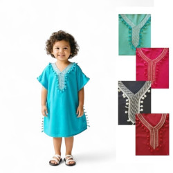 Robe orientale fille turquoise à pompons décoratifs, tenue légère du 4 au 14 ans