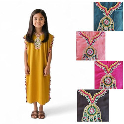 Djellaba fille Main de Fatma et pompons colorés – 4 à 14 ans - 1