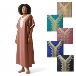 Djellaba pour femme en coton marron avec broderie beige et autres coloris