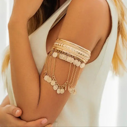 Bracelet de bras doré à chaînettes et piècettes orientales réglable 8 cm
