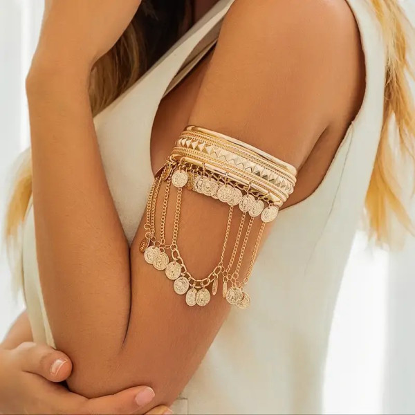 Bracelet de bras doré à chaînettes et piècettes orientales réglable 8 cm