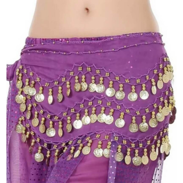 Ceinture de danse orientale violet à sequins dorés - 1