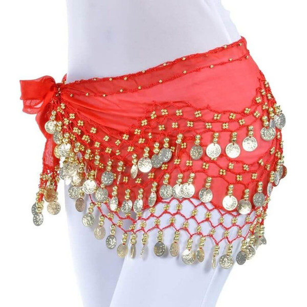 Ceinture de danse orientale rouge à sequins dorés - 1