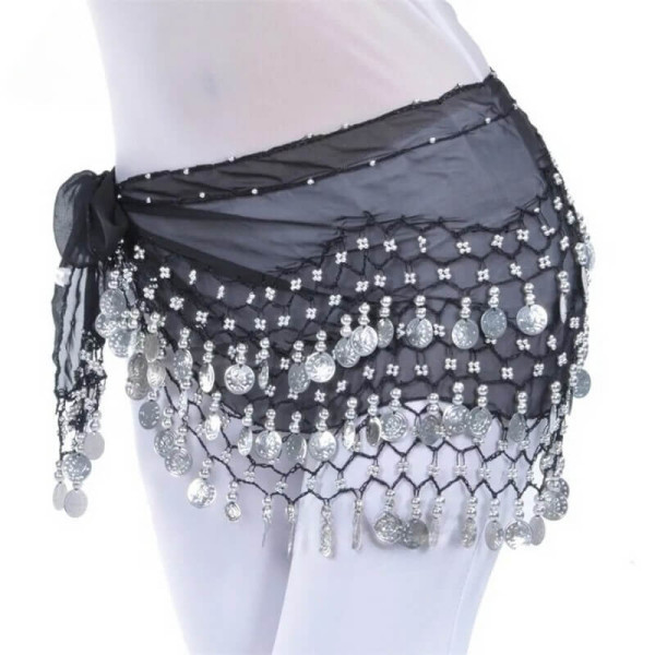 Ceinture de danse orientale noir à sequins argent - 1