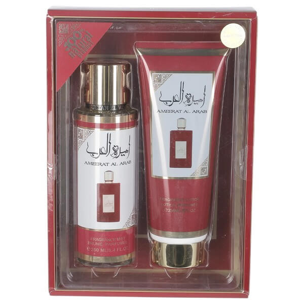 Coffret Ameerat Al Arab avec brume parfumée 250 ml et lotion parfumée 236 ml en boîte rouge élégante