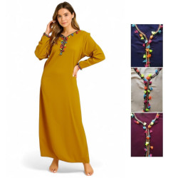 Djellaba femme unie décor pompons colorés - 5