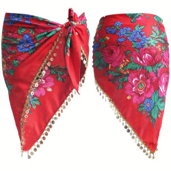 ceinture de danse orientale triangulaire rouge avec fleurs et sequins dorés