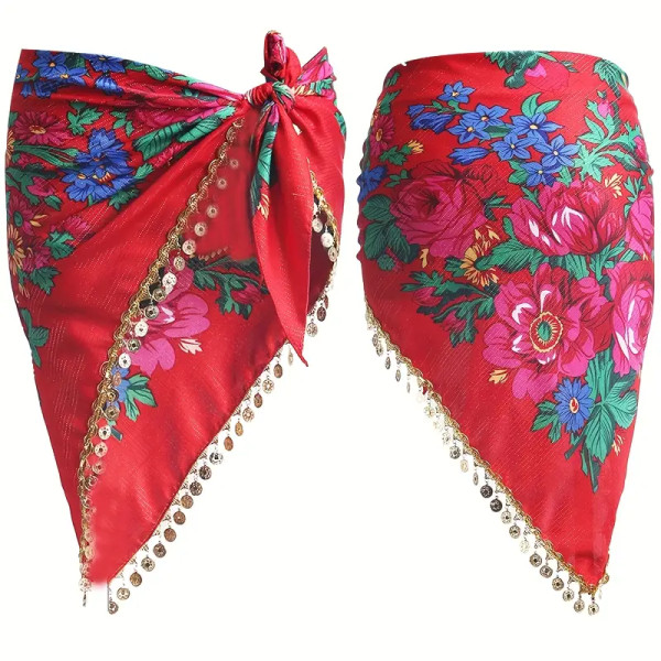 ceinture de danse orientale triangulaire rouge avec fleurs et sequins dorés