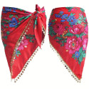 Ceinture de danse orientale triangulaire rouge à fleurs et sequins dorés – Foulard 2 en 1