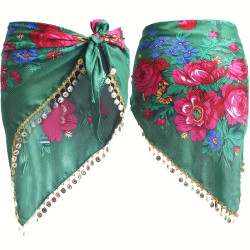 ceinture de danse orientale triangulaire verte avec fleurs et sequins dorés