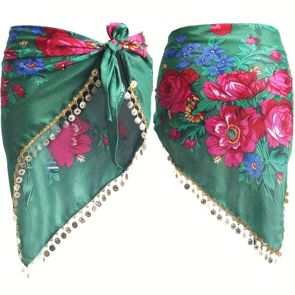 ceinture de danse orientale triangulaire verte avec fleurs et sequins dorés