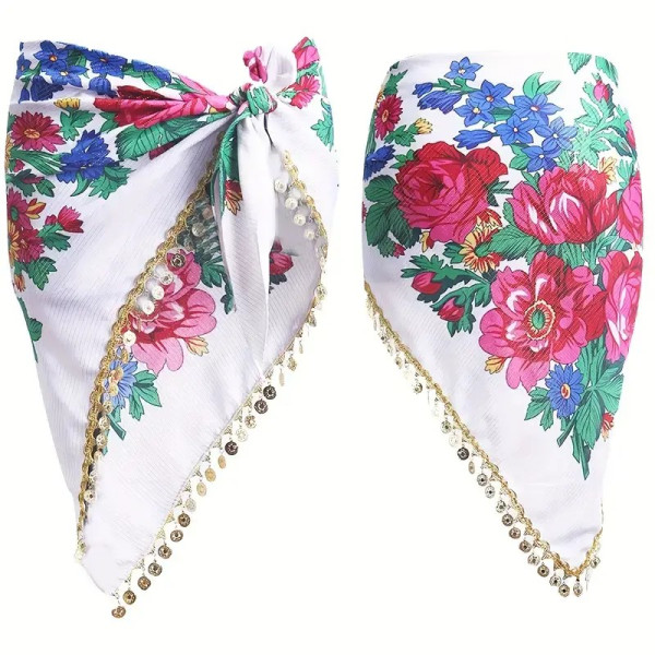 ceinture de danse orientale triangulaire blanche avec fleurs et sequins dorés