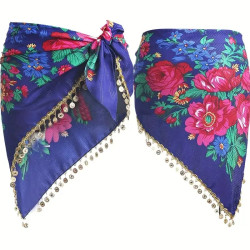 ceinture de danse orientale triangulaire bleu roi avec fleurs et sequins dorés
