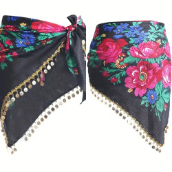 ceinture de danse orientale triangulaire noire avec fleurs et sequins dorés